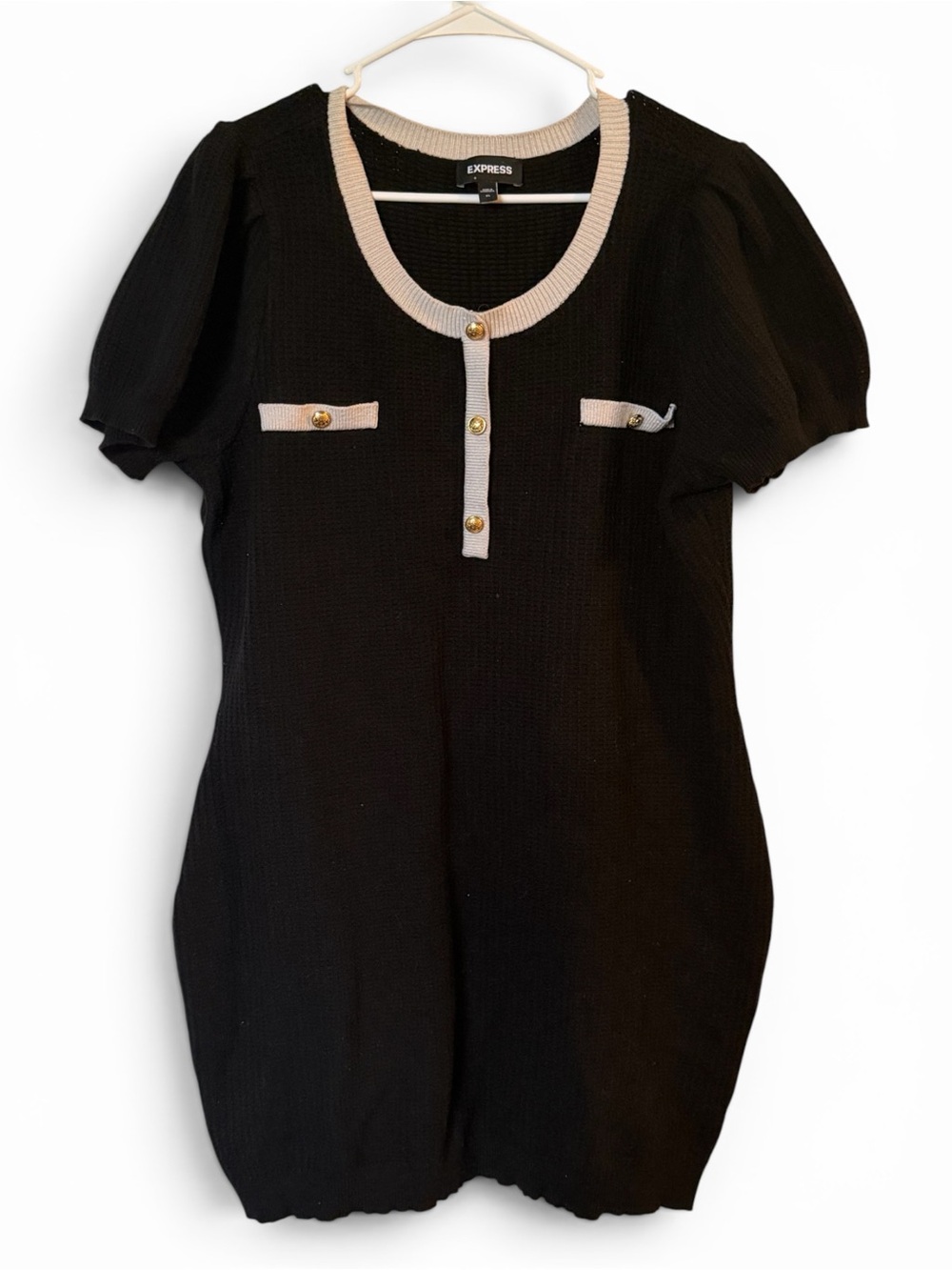 Express Black Knit Shift Dress with Cream Trim and Gold Accent Buttons